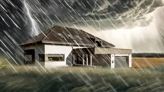 Dakstiņu jumts vētras laikā ir izturīgs ilustratīvs attēls